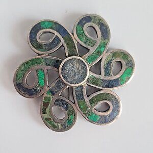 Los Castillo Taxco Sterling Inlay Swirl Brooch Pin Malachite Lapis Flower Modern